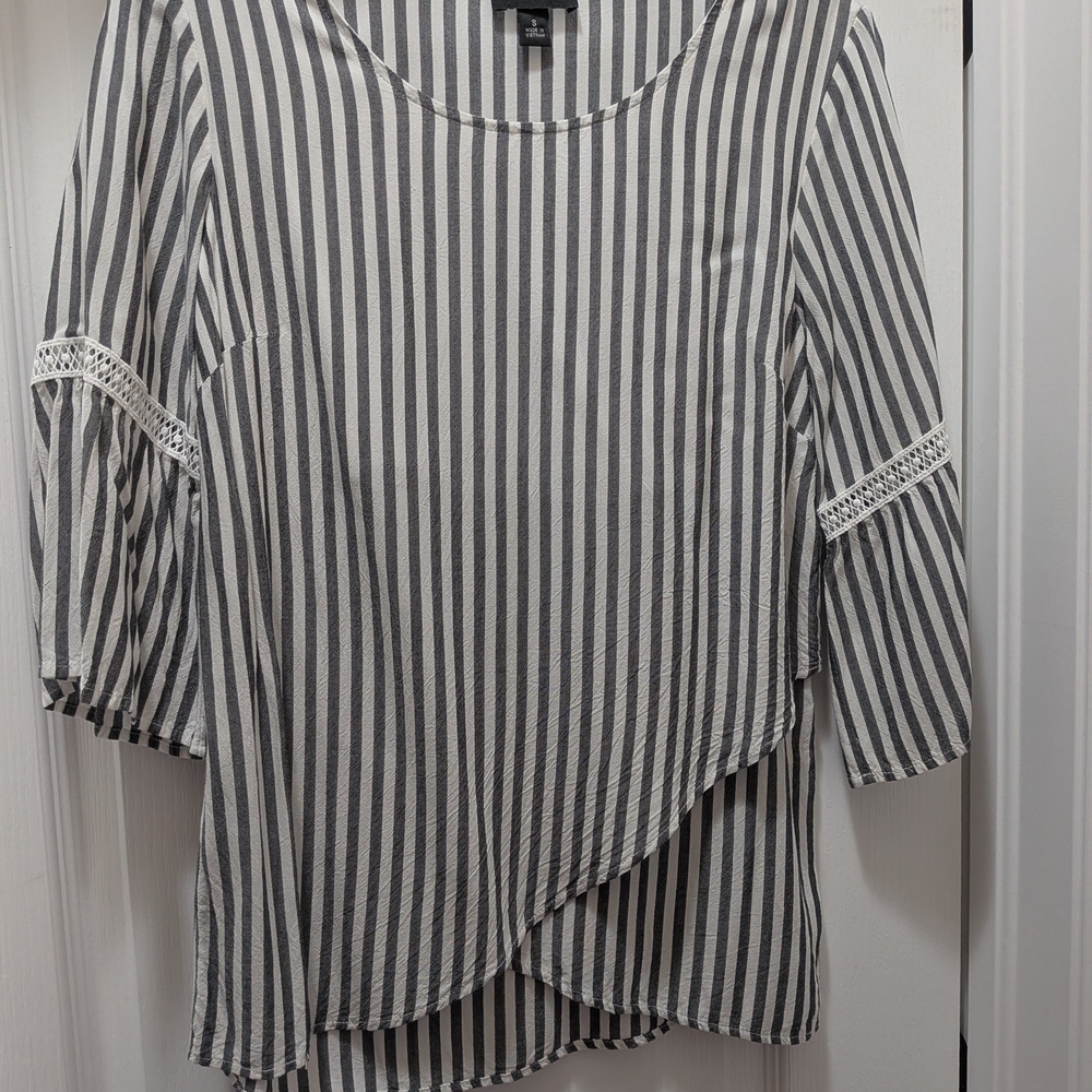 I.N. Studio Gray and White Vertical Stripe Blouse with Lace Trim